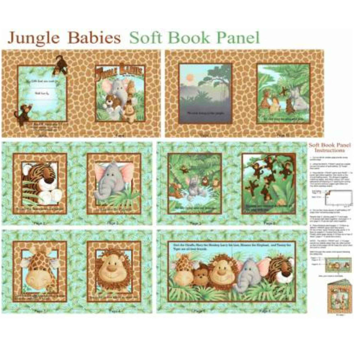 Jungle Babies Soft Book Fabric Panel by Patty Reed – Safari Animal Story Panel – 100% Cotton