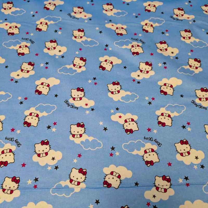 Kitty Cat FLANNEL, cloud and stars on light blue background