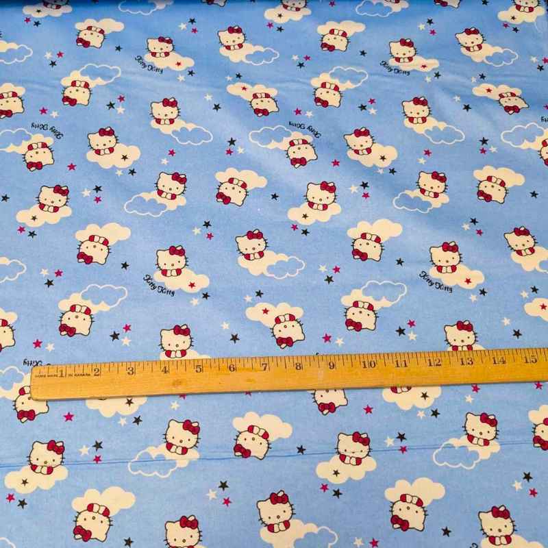 Kitty Cat FLANNEL, cloud and stars on light blue background