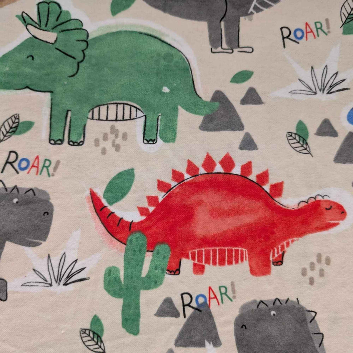Large Dinosaurs Cotton Flannel – Multicolor Dino Print on Beige – Roar! Kids Fabric