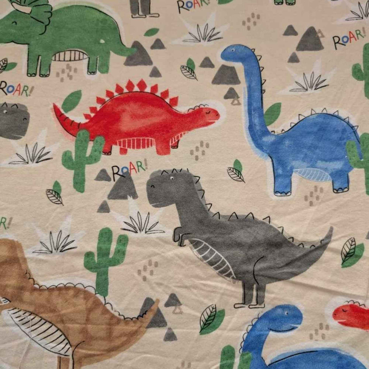 Large Dinosaurs Cotton Flannel – Multicolor Dino Print on Beige – Roar! Kids Fabric