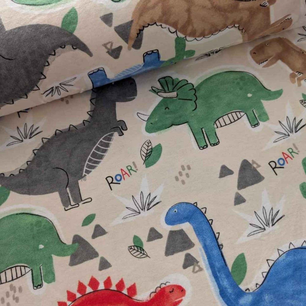 Large Dinosaurs Cotton Flannel – Multicolor Dino Print on Beige – Roar! Kids Fabric