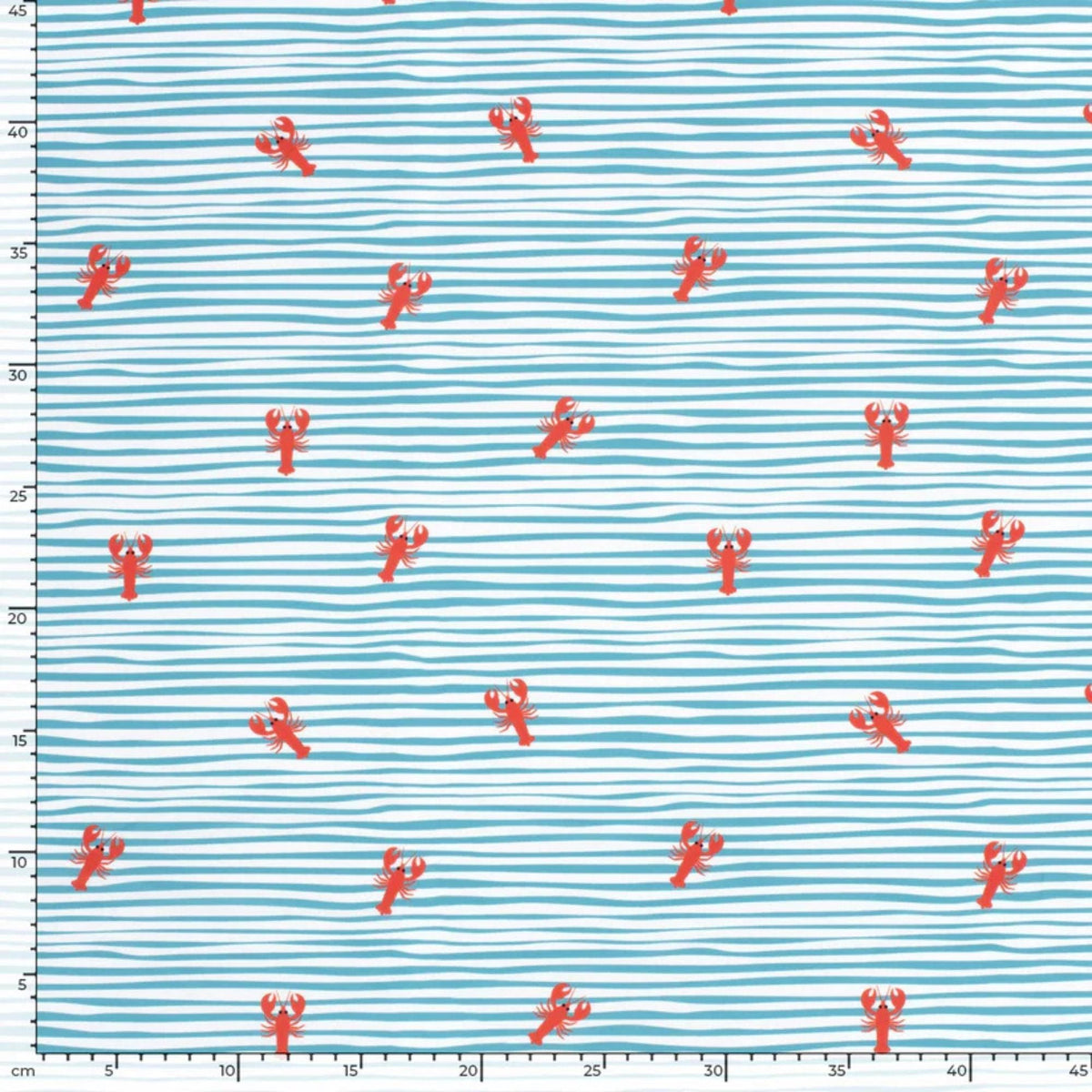 White swim fabric with playful red lobsters and blue wavy stripes – Oeko-Tex certified stretch knit for swimwear, kids’ beachwear, and nautical-themed projects