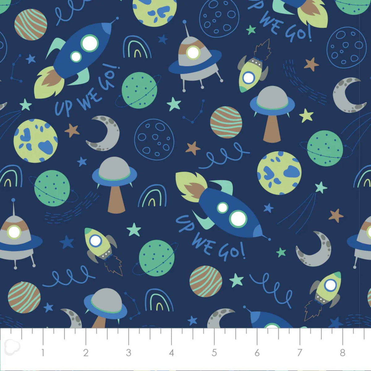 Lost in Space Navy Cotton Flannel – Rockets, Planets & Stars