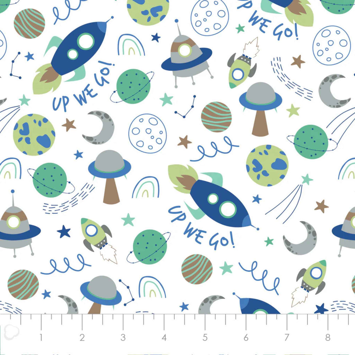Lost in Space White Cotton Flannel – Rockets, Planets & UFOs