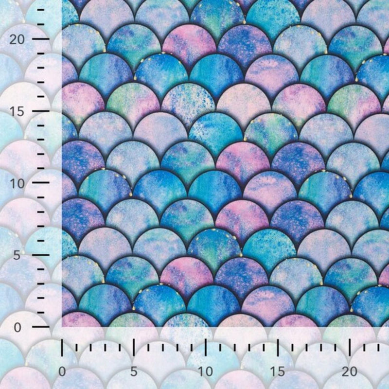 Colorful mermaid scale print swim fabric in blue, purple, and teal hues – Oeko-Tex certified stretch knit for swimwear and activewear