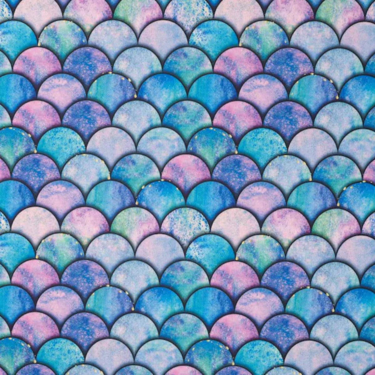 Colorful mermaid scale print swim fabric in blue, purple, and teal hues – Oeko-Tex certified stretch knit for swimwear and activewear