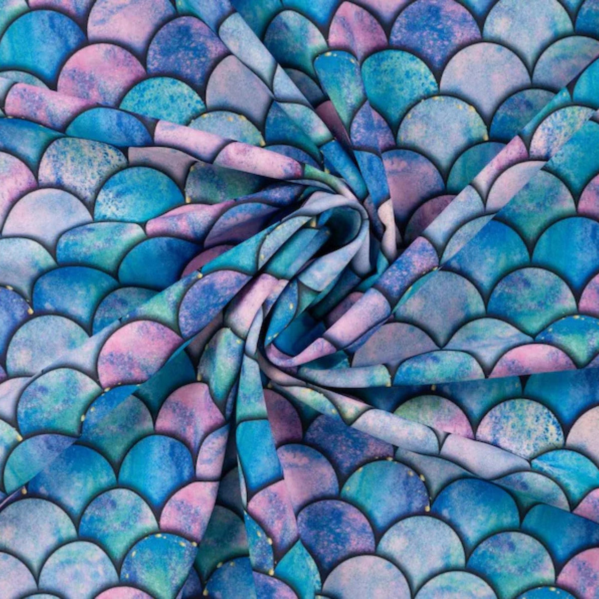 Colorful mermaid scale print swim fabric in blue, purple, and teal hues – Oeko-Tex certified stretch knit for swimwear and activewear