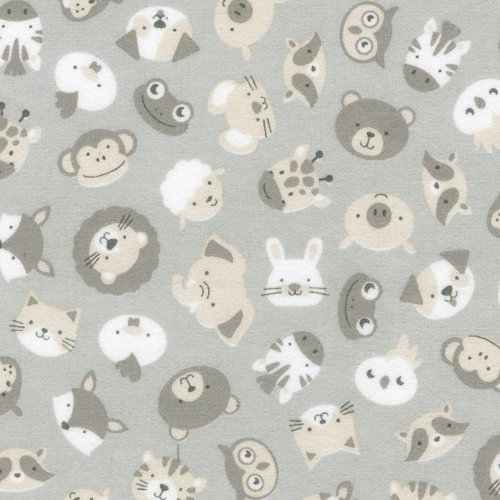 Miniature animal heads on grey, SRKF - 22728 - 336 FOG FLANNEL