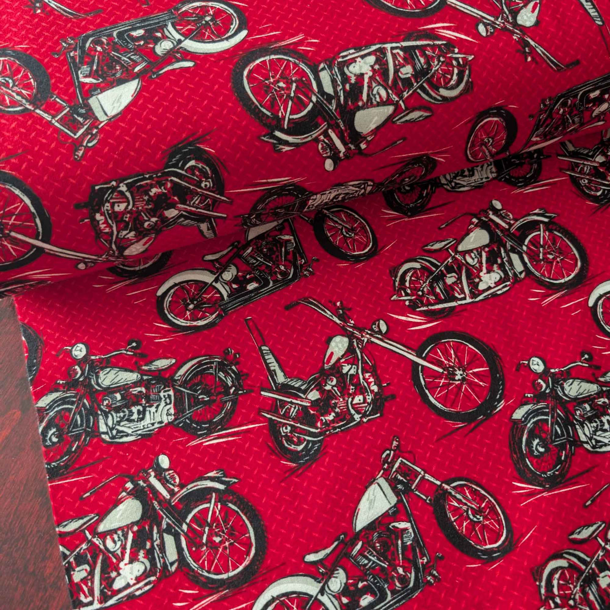 Motorcycle Cotton Flannel Fabric – Red Biker Print, Brushed Soft, OEKO - TEX Certified