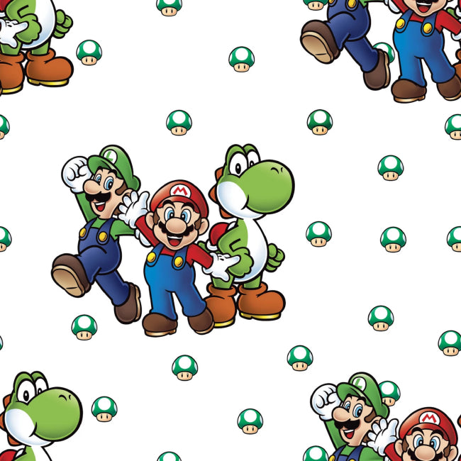 Beware of Bowser cotton fabric featuring Mario, Luigi and Yoshi with small green mushrooms on a white background.