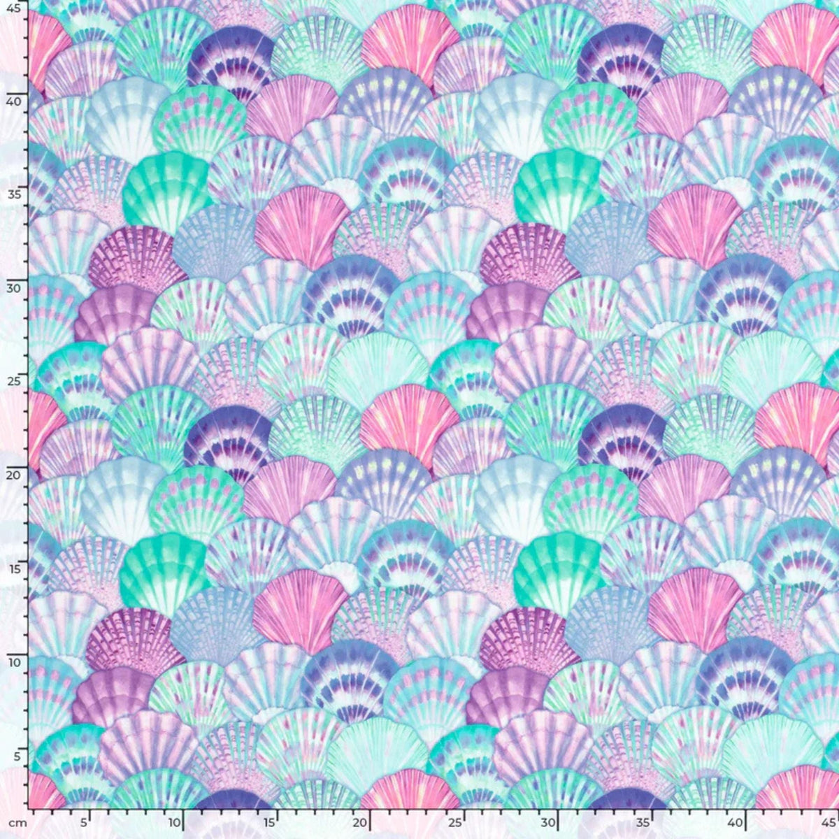 Swim fabric with colorful pastel seashell pattern in pink, aqua, purple, and blue – Oeko-Tex certified stretch knit for swimwear and beachwear projects