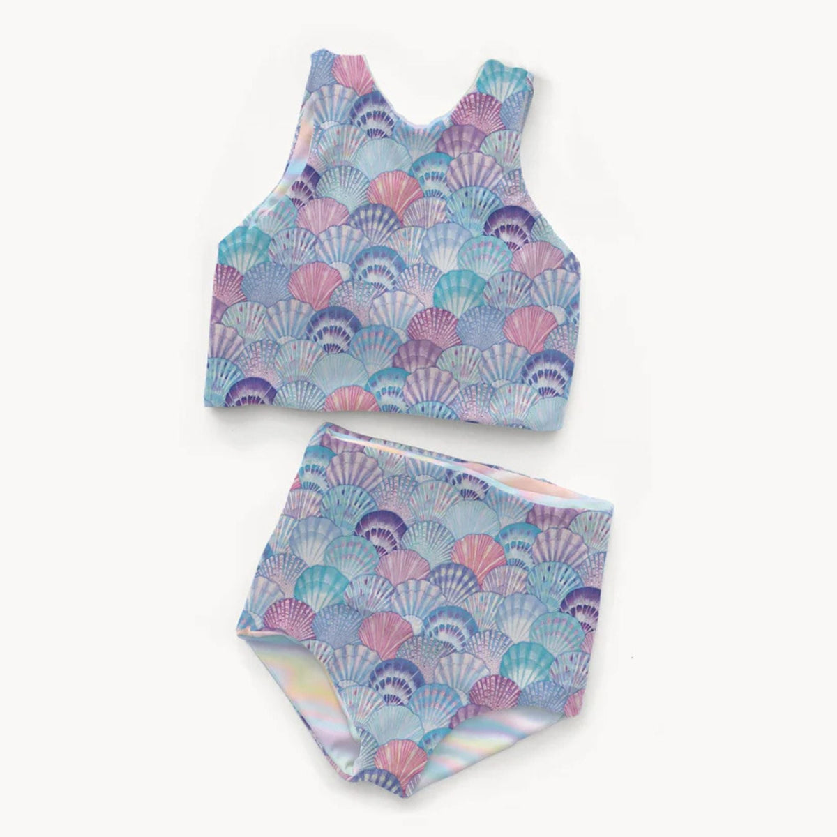 Swim fabric with colorful pastel seashell pattern in pink, aqua, purple, and blue – Oeko-Tex certified stretch knit for swimwear and beachwear projects