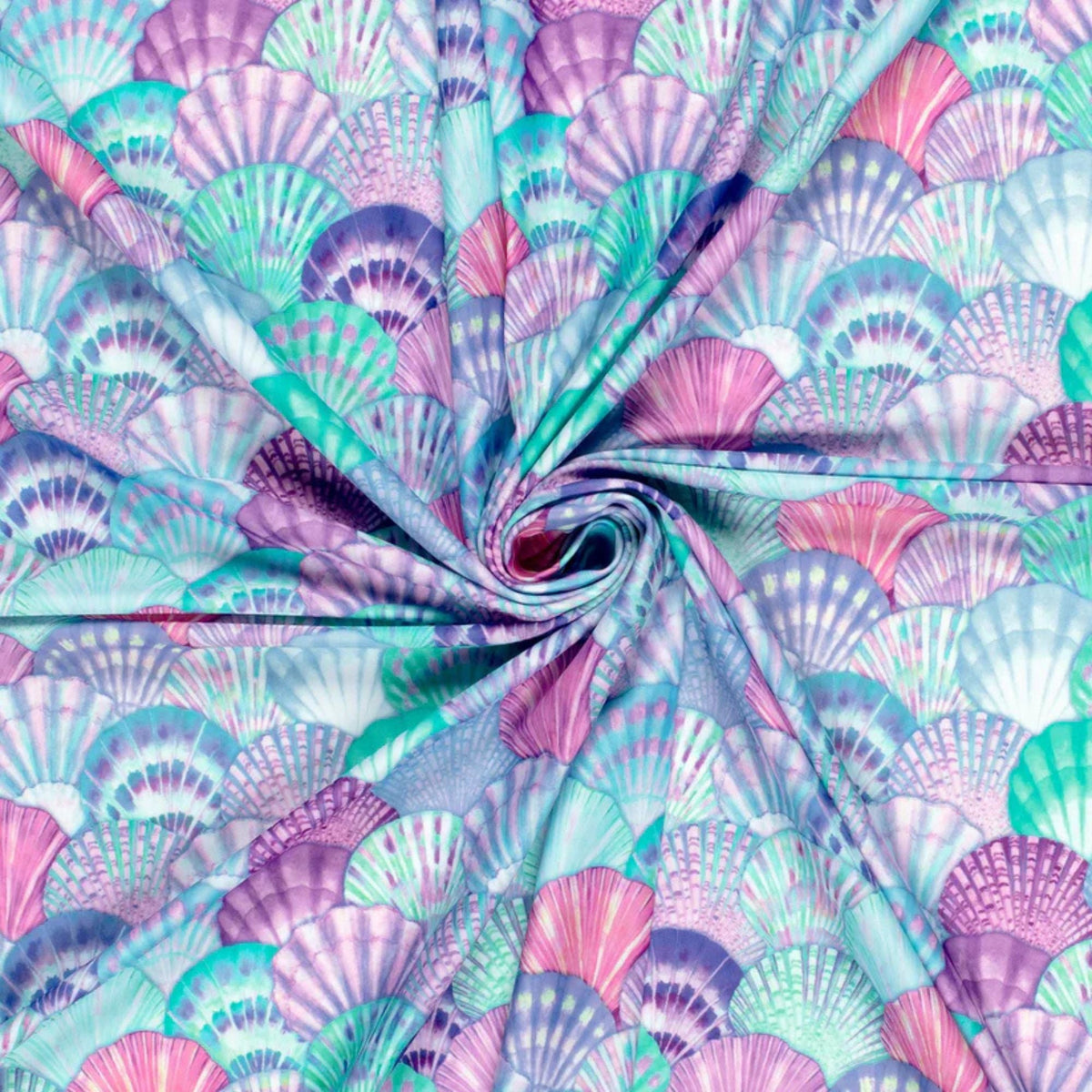 Swim fabric with colorful pastel seashell pattern in pink, aqua, purple, and blue – Oeko-Tex certified stretch knit for swimwear and beachwear projects