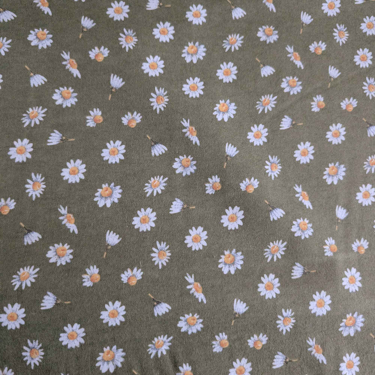 Olive Green Daisy FLANNEL– Soft Brushed 100% Cotton, OEKO - TEX Standard 100