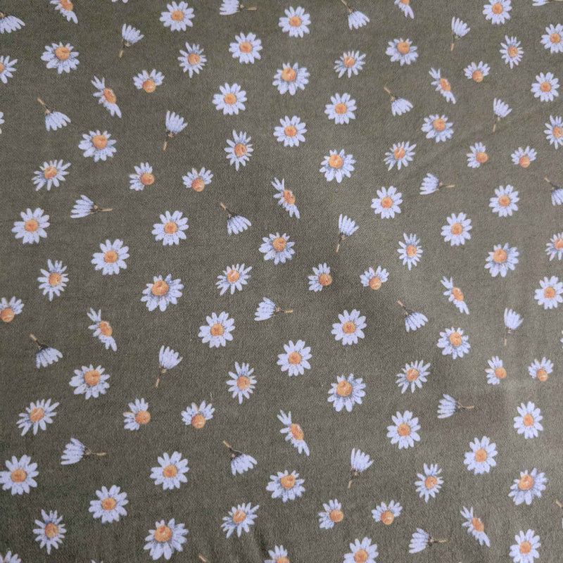 Olive Green Daisy FLANNEL– Soft Brushed 100% Cotton, OEKO - TEX Standard 100