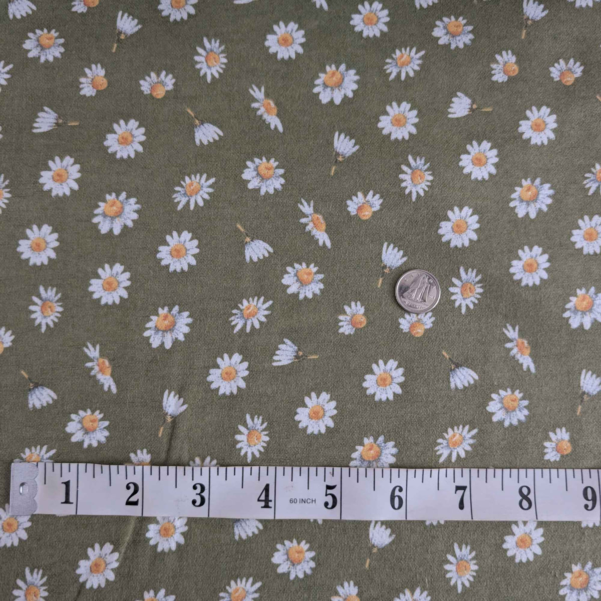 Olive Green Daisy FLANNEL– Soft Brushed 100% Cotton, OEKO - TEX Standard 100