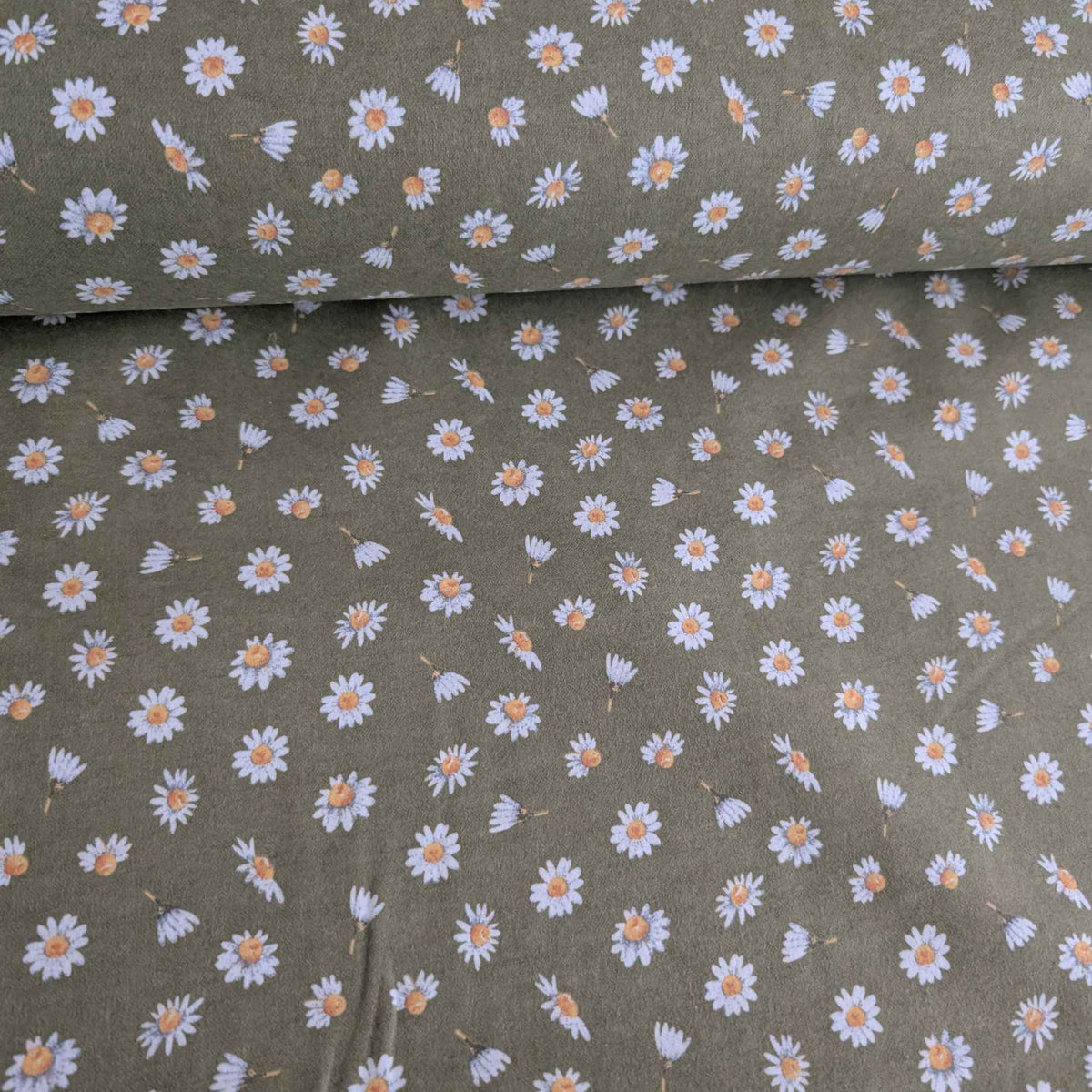 Olive Green Daisy FLANNEL– Soft Brushed 100% Cotton, OEKO - TEX Standard 100