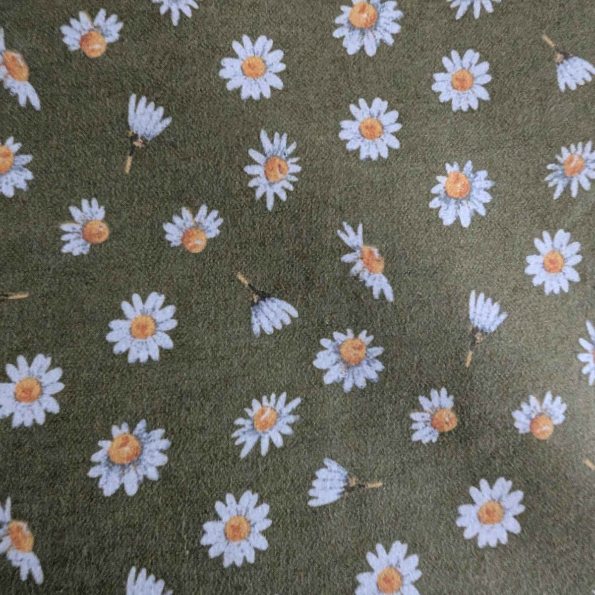 Olive Green Daisy FLANNEL– Soft Brushed 100% Cotton, OEKO - TEX Standard 100