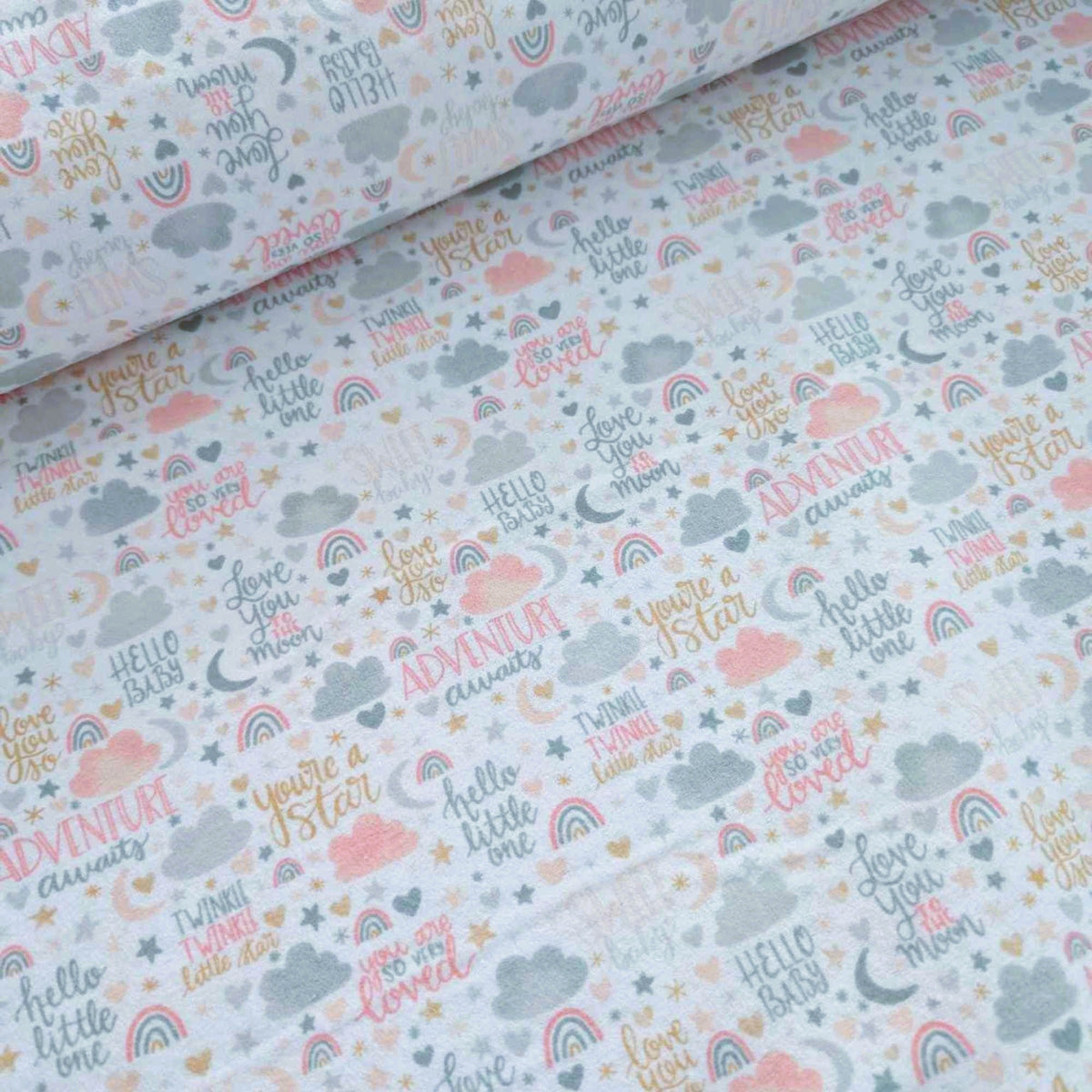 Pastel Baby Words Cotton Flannel – Rainbows, Stars & Quotes – Soft Brushed Nursery
