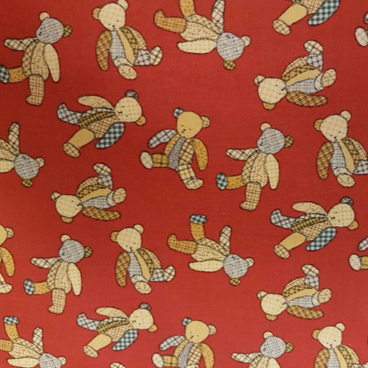 Patchwork Teddy Bear Cotton Fabric on Red Background