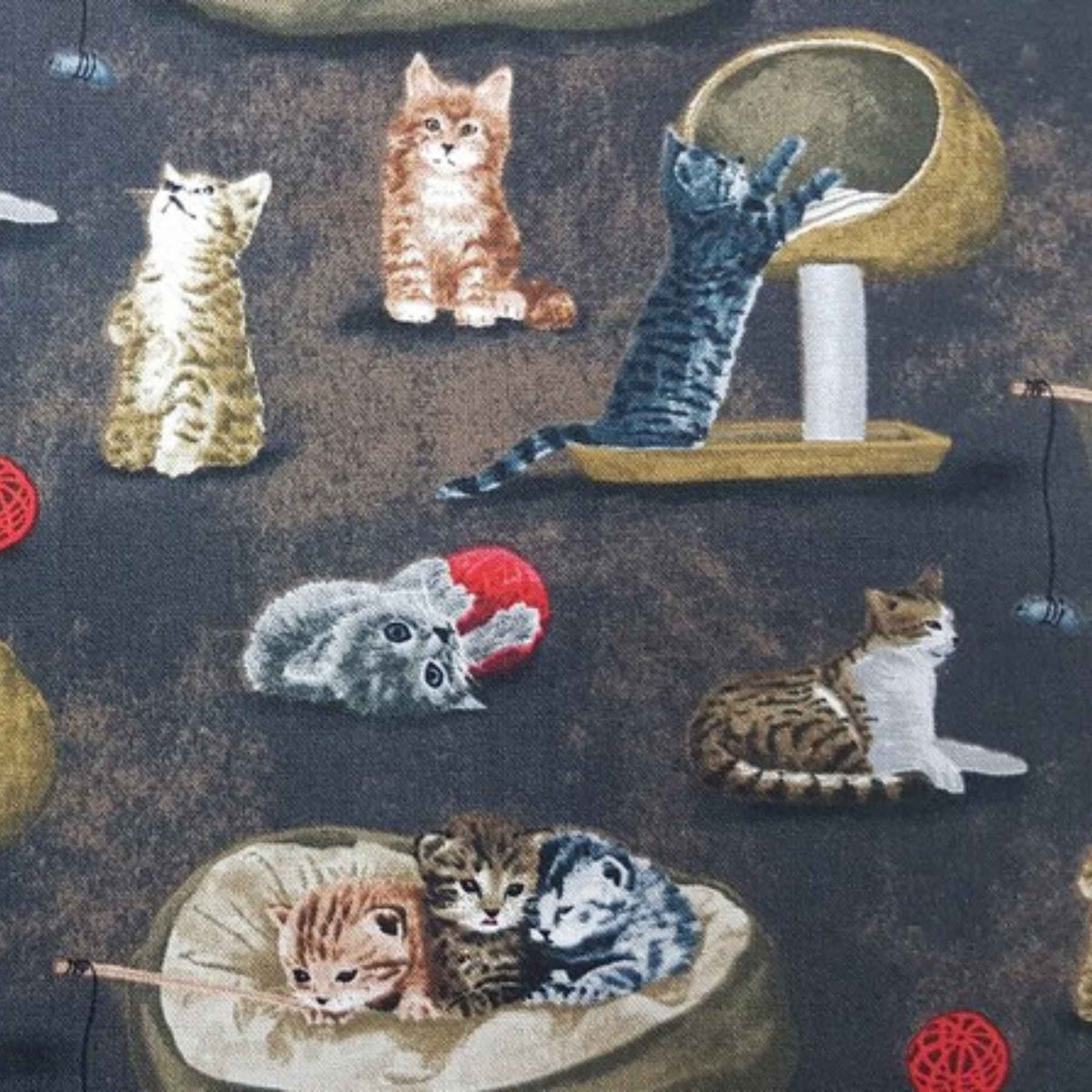 Playful Cats Cotton Fabric – Brown Novelty Print with Kittens & Toys