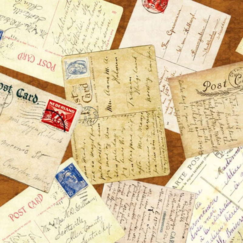 Postcard, Wanderlust from QT Fabrics - Vintage Postcards on Brown