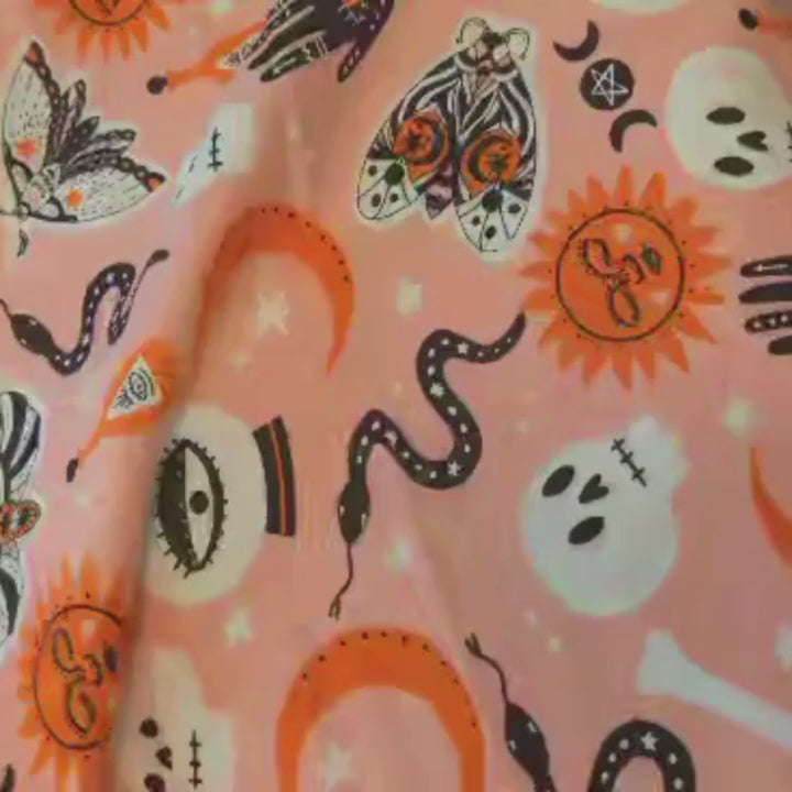 Orange Halloween FLANNEL Fabric with Crystal Ball, Moth, Skull