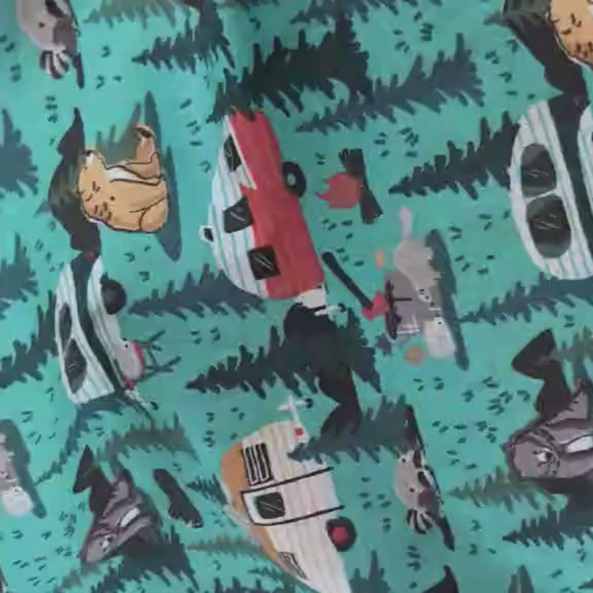 Video of Cotton fabric featuring retro campers, bears, foxes, and campfires in a forest setting on a teal background – 44” wide