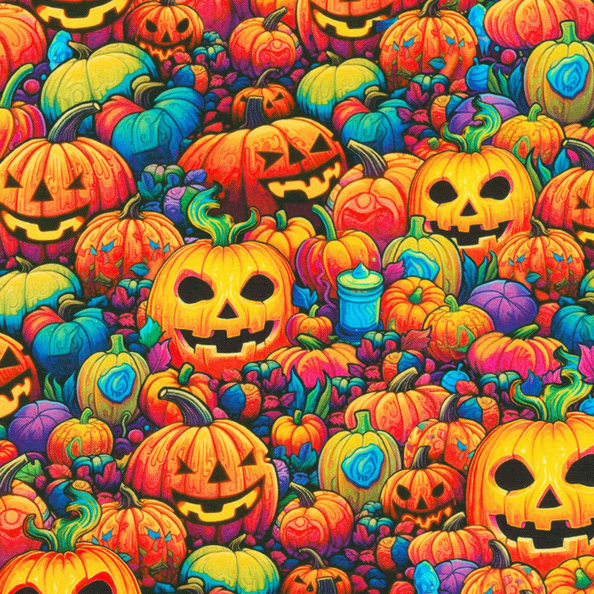 Bright Frights Halloween cotton fabric with colorful neon pumpkins glowing jack o lanterns and autumn foliage by Robert Kaufman