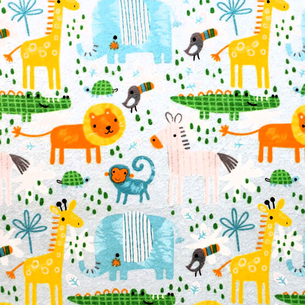 Safari Jungle Animals Cotton Flannel – Lions, Elephants, Zebras, Monkeys & Giraffes on Light Grey