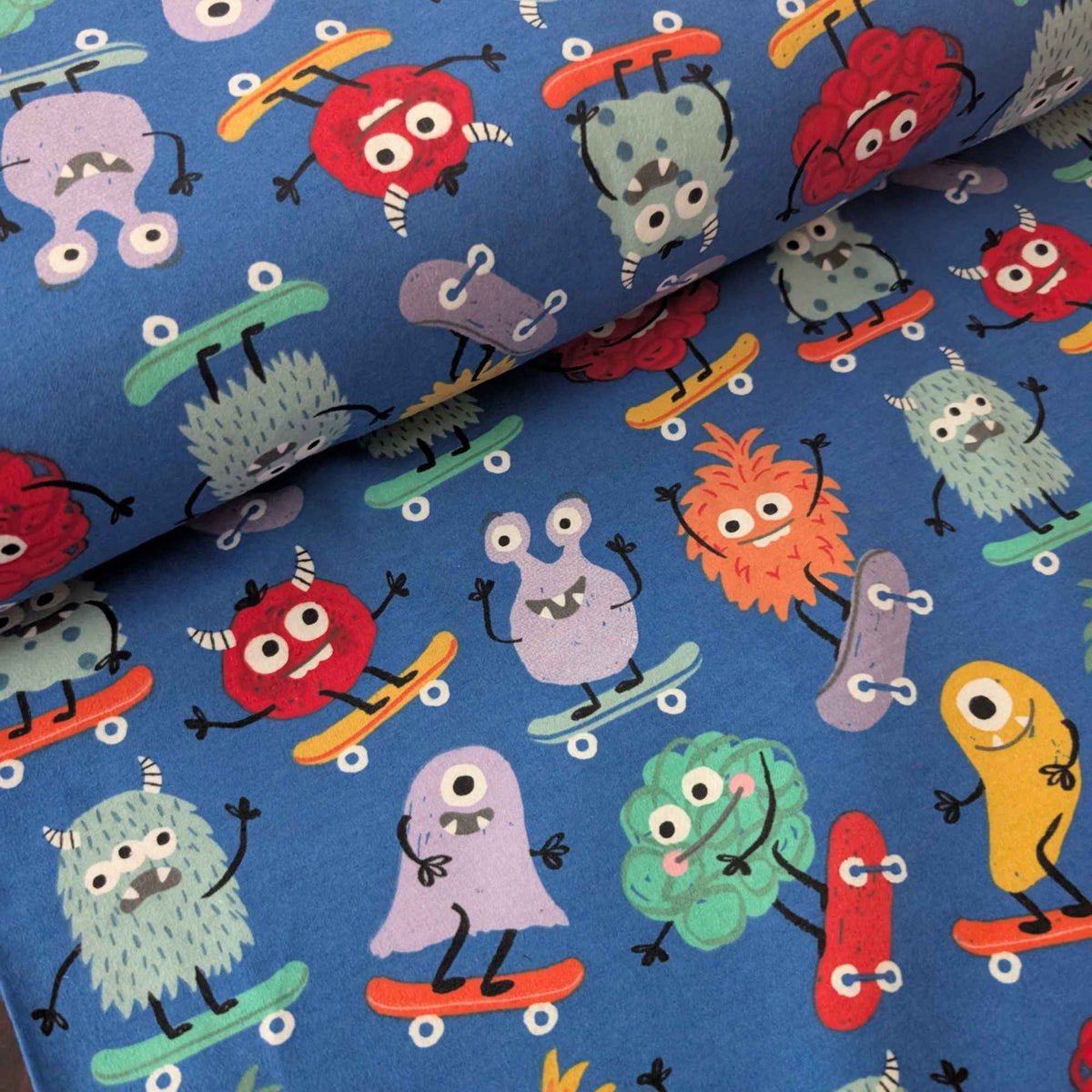 Skateboarding Monsters Cotton Flannel Fabric – Blue | Oeko - Tex Certified