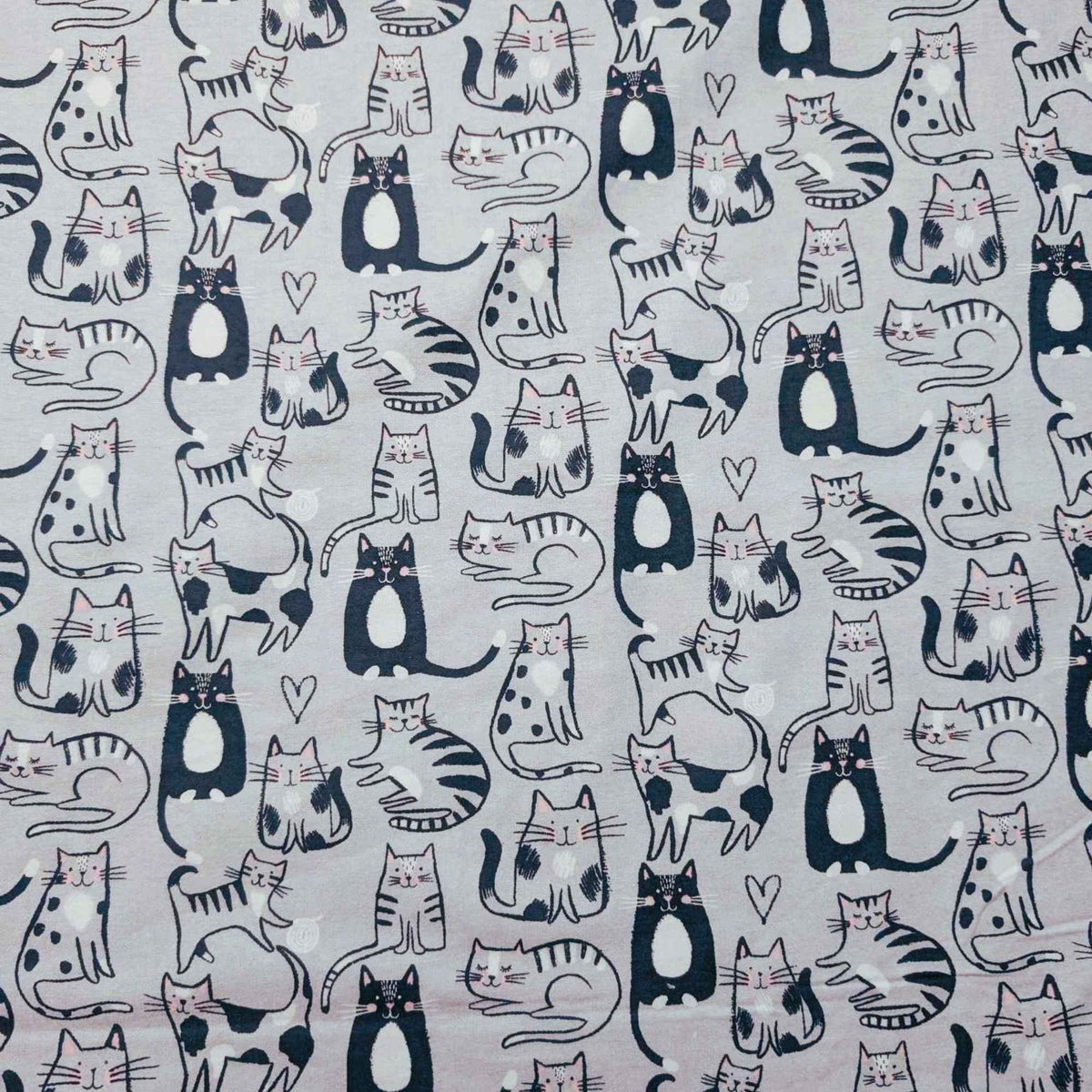 Sketch Cat Cotton Flannel – Grey with Playful Cats | 100% Cotton Flannel