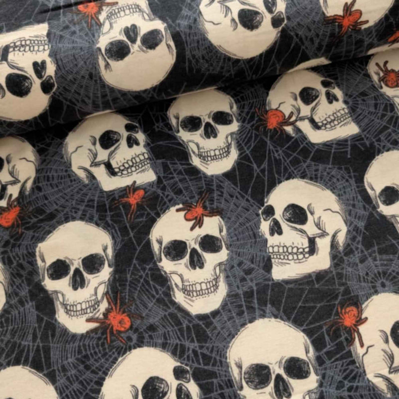 Skulls & Spiders Halloween Cotton Flannel Fabric | Spider Web Print on Black