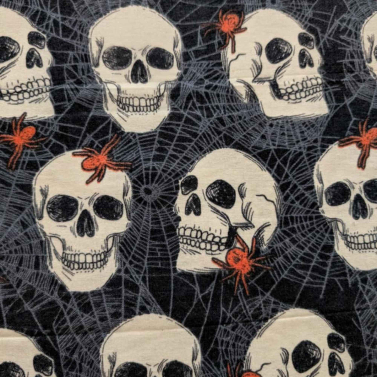 Skulls & Spiders Halloween Cotton Flannel Fabric | Spider Web Print on Black