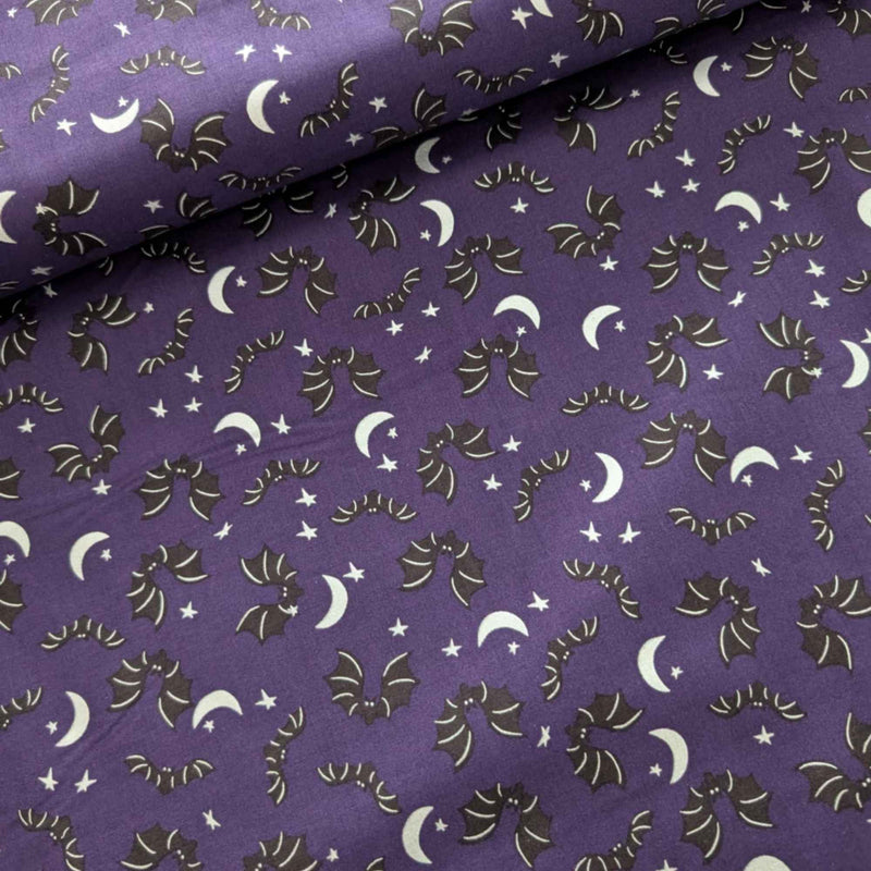 Spooky Hollow Purple Bat Cotton Fabric with Silver Shimmer Moon