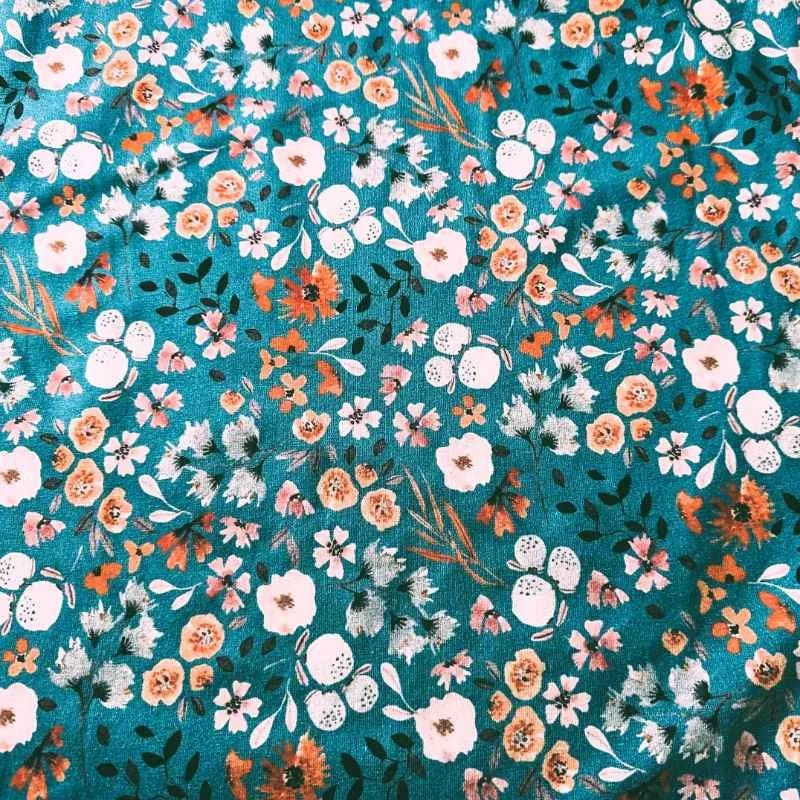 Summer Flowers on Teal, Digital Print, GOTS Jersey Knit