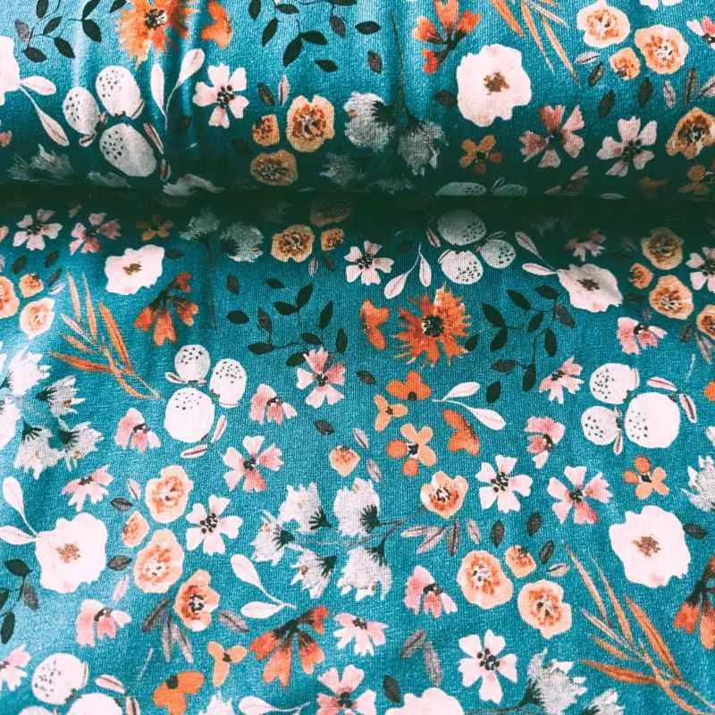 Summer Flowers on Teal, Digital Print, GOTS Jersey Knit