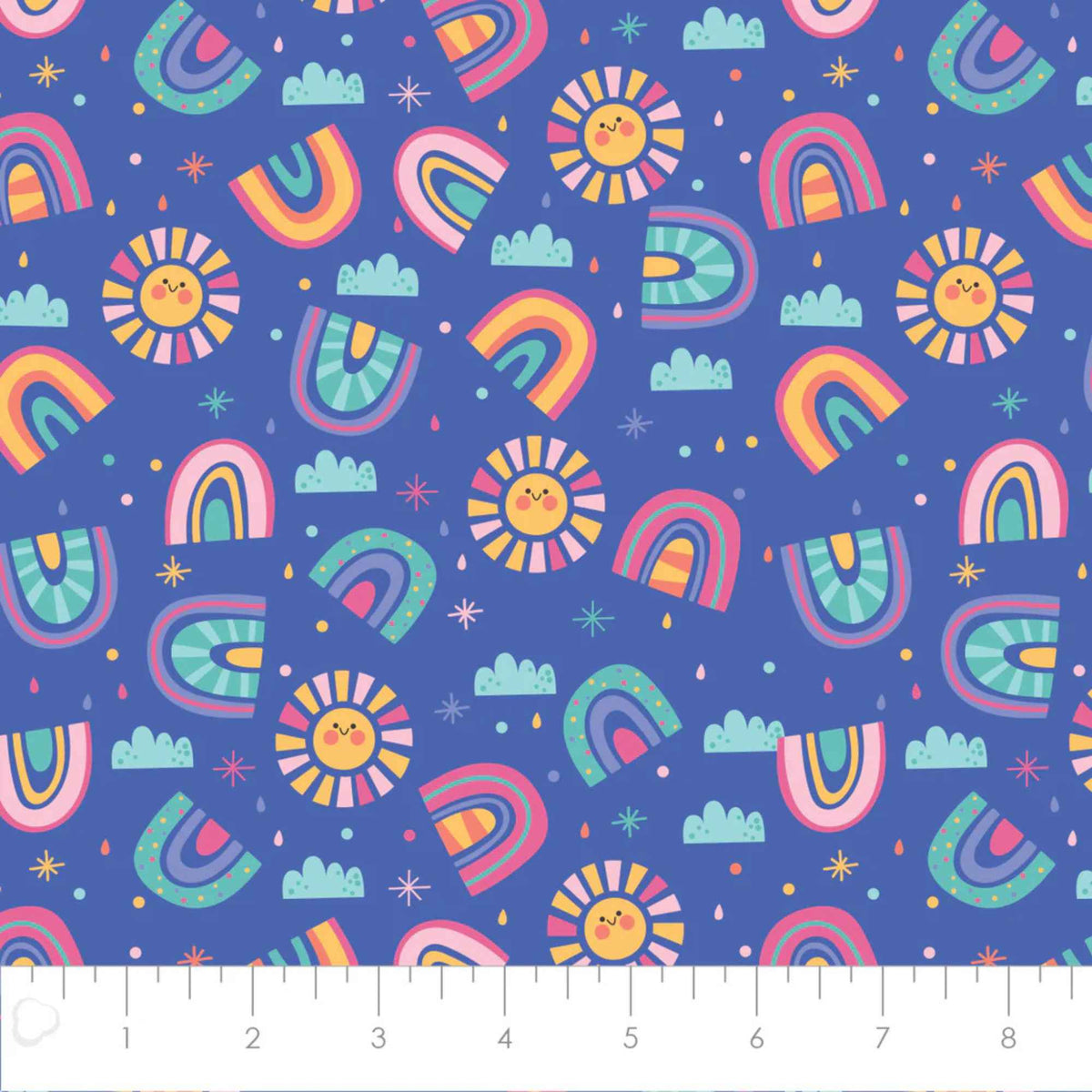 Sunshine and Rainbows Blue Cotton Flannel – Smiling Suns & Colorful Arches