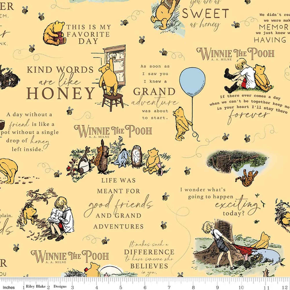 Winnie the Pooh quotes flannel fabric sunshine yellow with Pooh characters bees and inspirational text Riley Blake cotton fabric