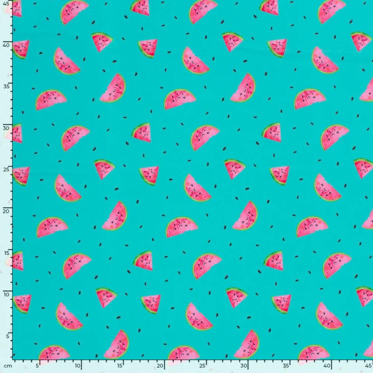 Bright aqua swim fabric with playful pink watermelon slices and seeds – Oeko-Tex certified stretch knit for kids’ swimwear and summer projects