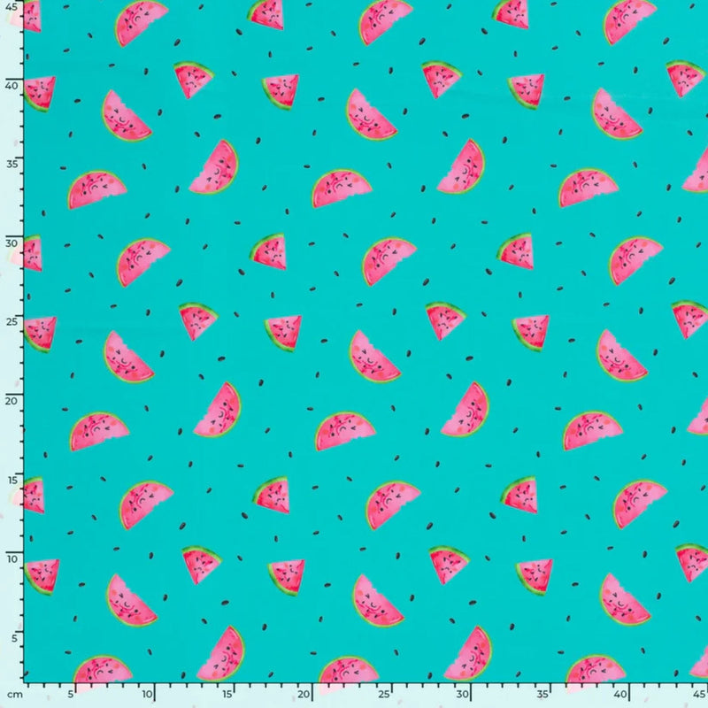 Bright aqua swim fabric with playful pink watermelon slices and seeds – Oeko-Tex certified stretch knit for kids’ swimwear and summer projects