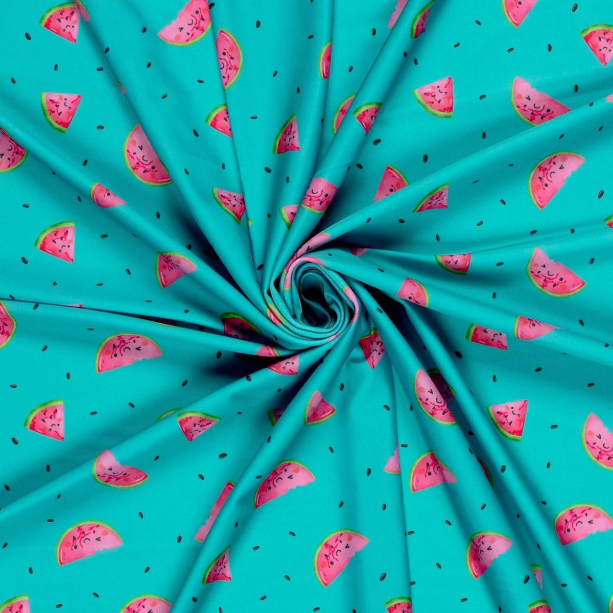 Bright aqua swim fabric with playful pink watermelon slices and seeds – Oeko-Tex certified stretch knit for kids’ swimwear and summer projects