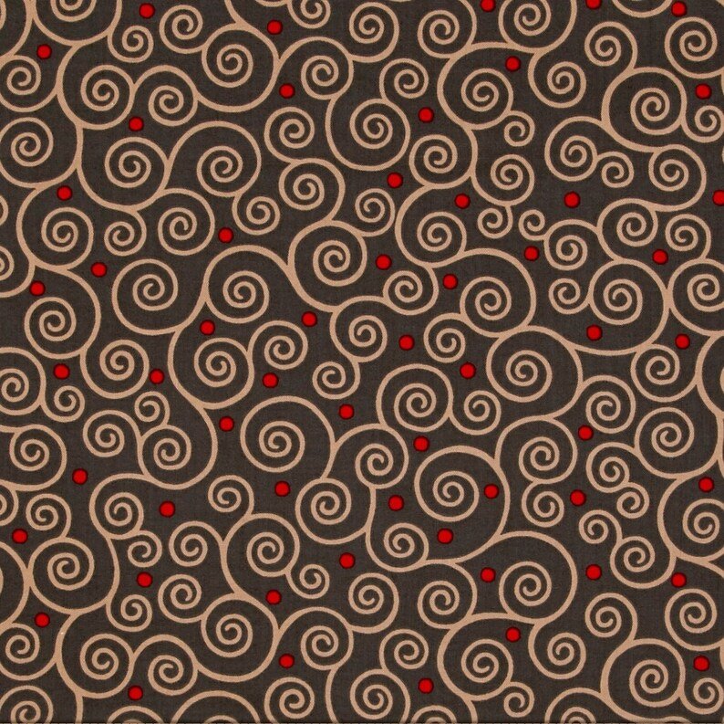 Tan Swirl & Red Dot on Brown Cotton Fabric - June Bee for Ink & Arrow