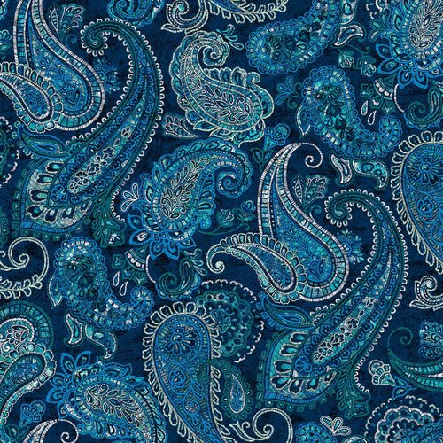 Teal Large Embroidery Paisley, Henry Glass, 3306W - 76