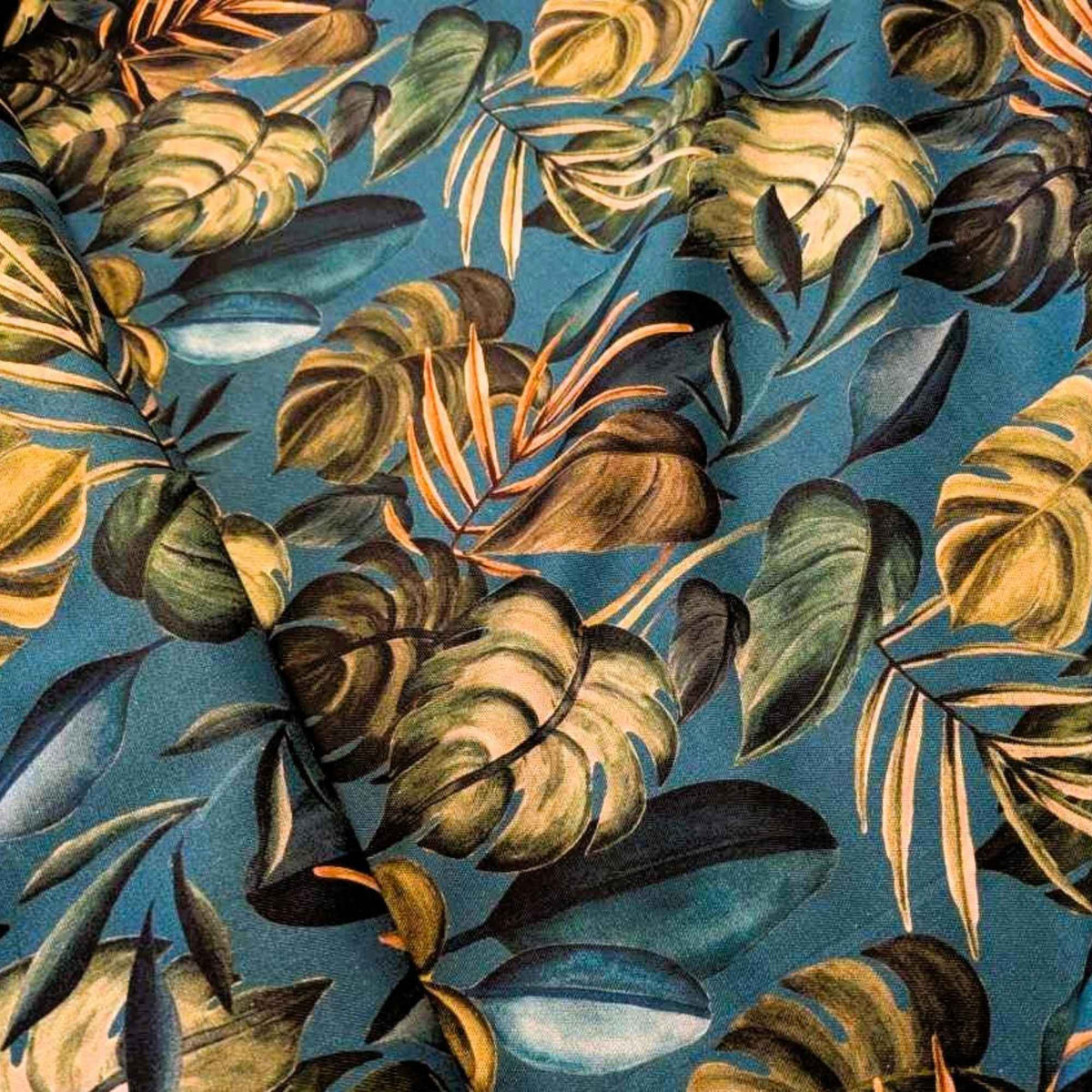 Teal Tropical Leaves Digital Cotton Canvas – Oeko - Tex Certified