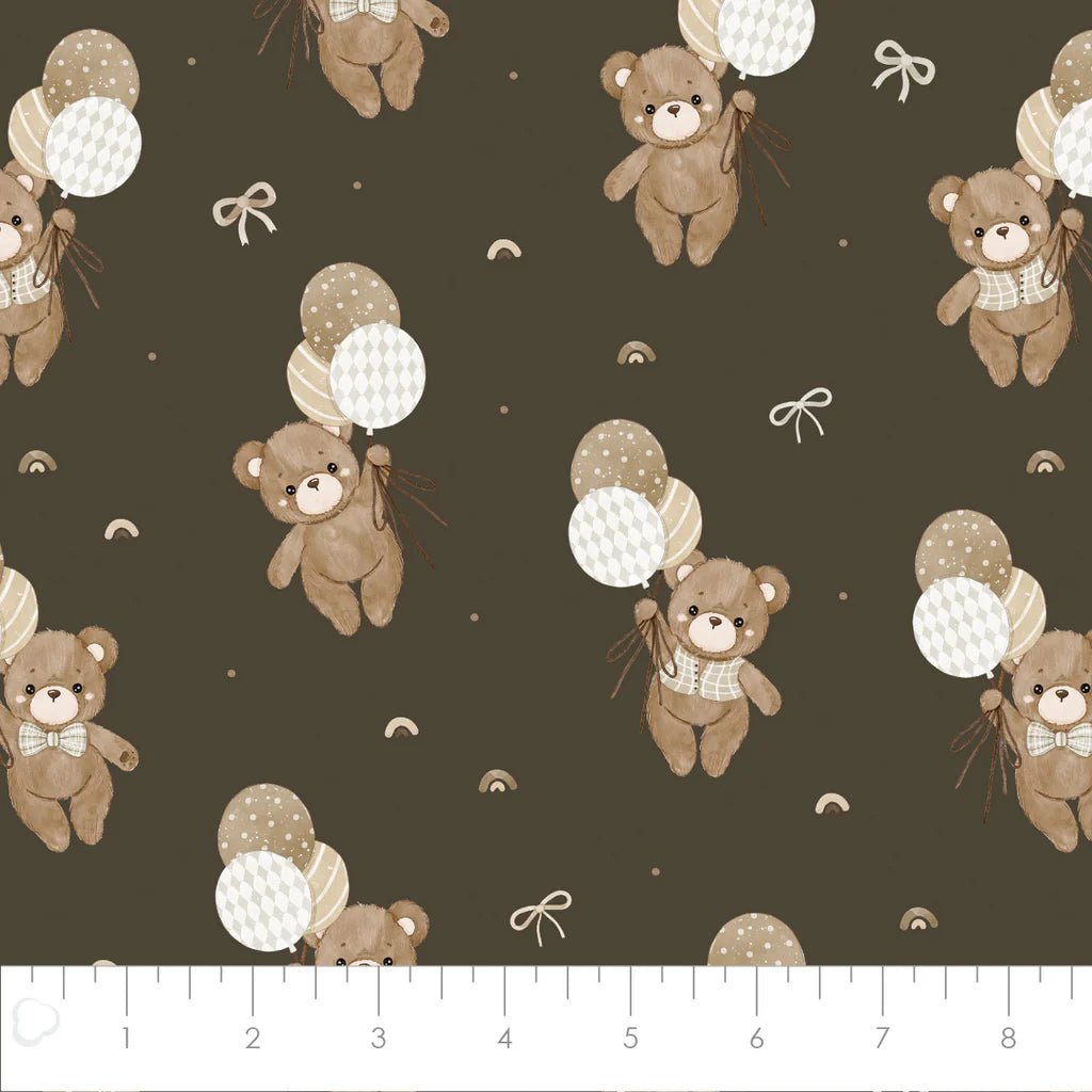 Teddy Bear's Adventures Dark Brown Cotton Flannel – Baby Bear & Balloons