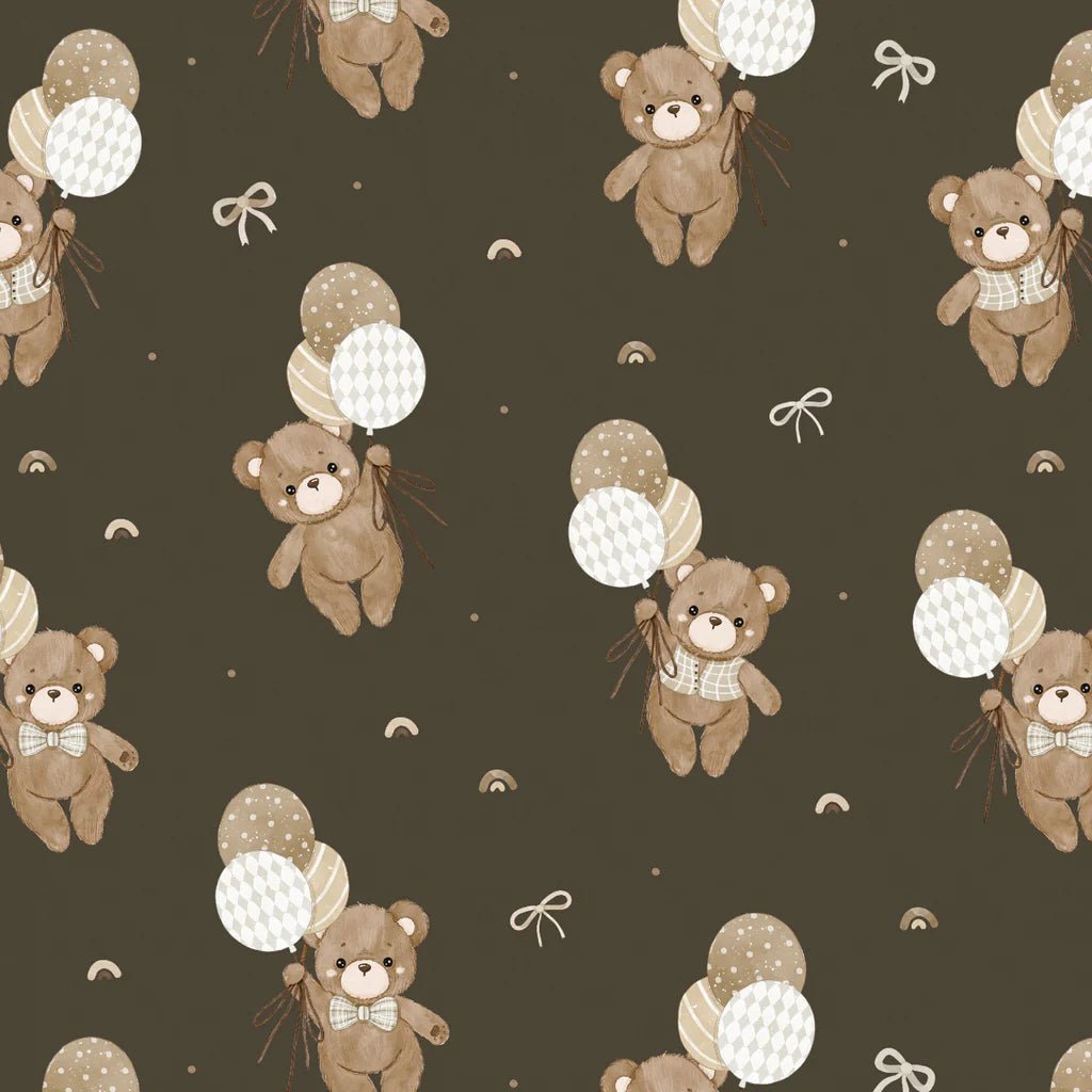 Teddy Bear's Adventures Dark Brown Cotton Flannel – Baby Bear & Balloons
