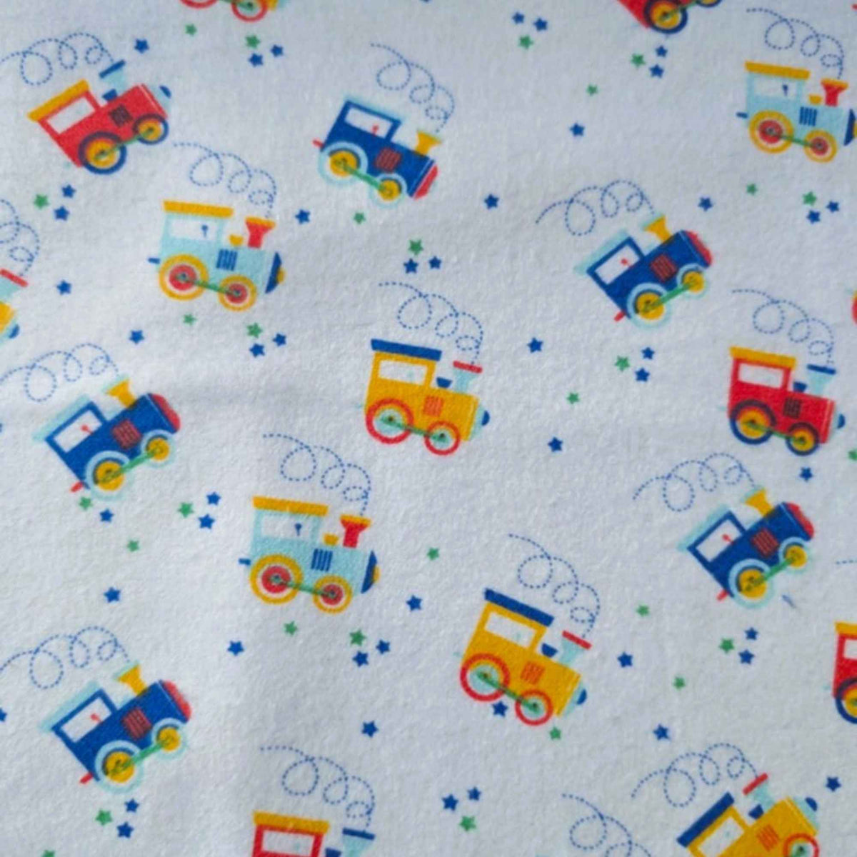 Train Print Cotton Flannel Fabric – Colorful Locomotive Design, OEKO - TEX