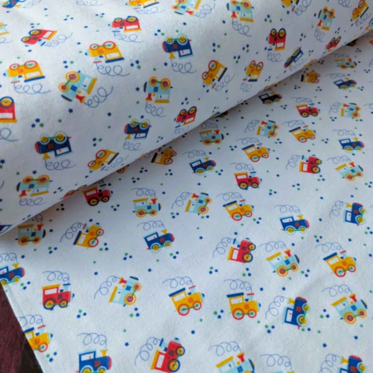 Train Print Cotton Flannel Fabric – Colorful Locomotive Design, OEKO - TEX